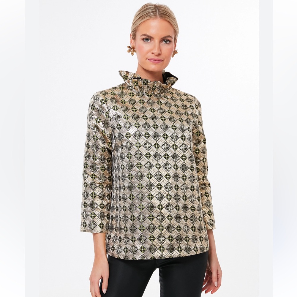 Tuckernuck Metallic Gold Diamond-Print Ruffle-Neck Top